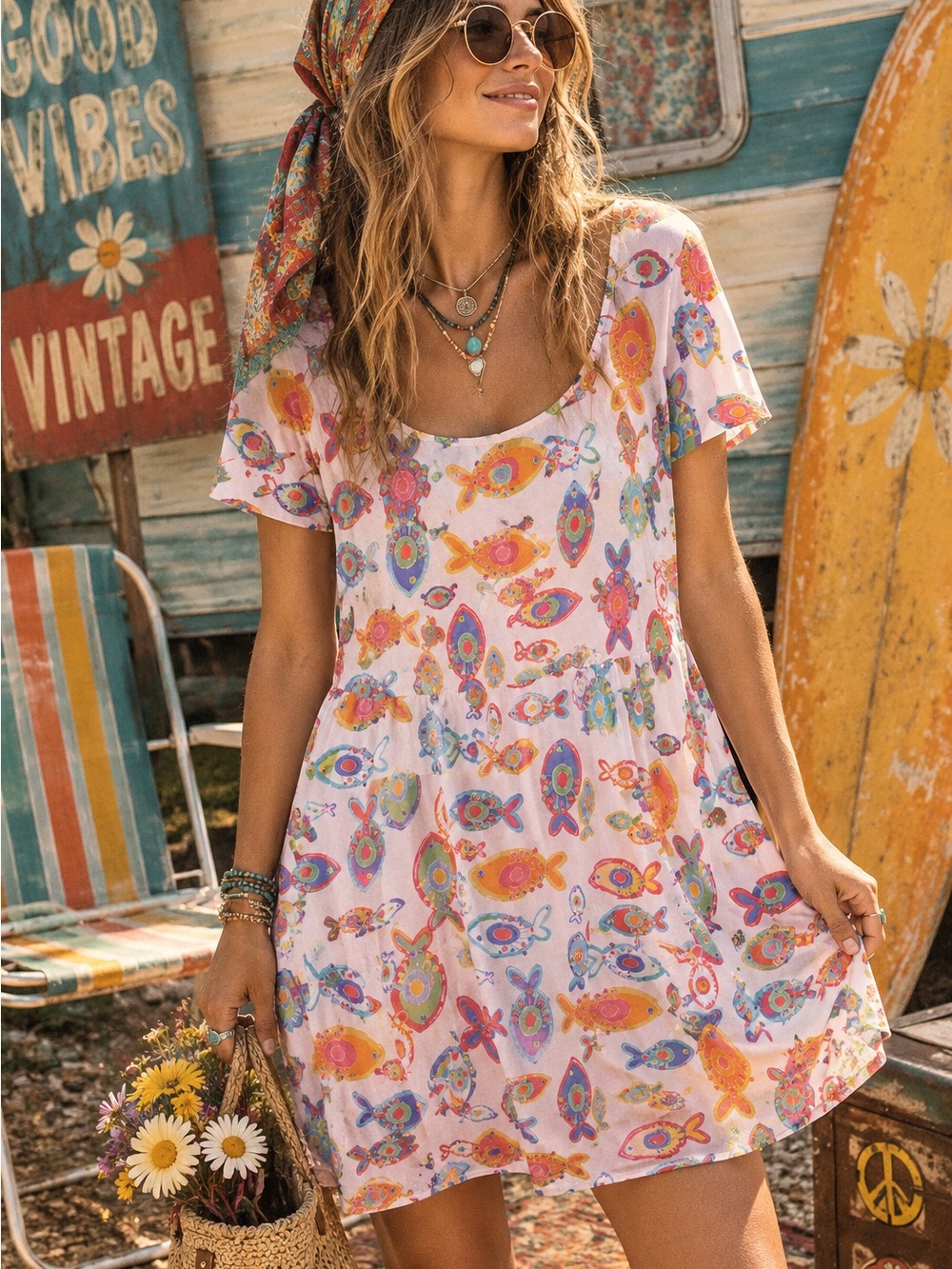 fresh produce Multicolor Fish Print Short Dress